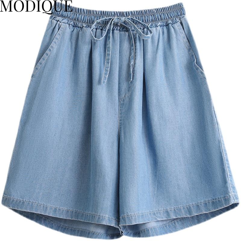 MODIQUE Women's Denim Shorts Summer Plus Size New Loose Casual Solid Color A-Line Denim Short Pant Female High Waisted Hotsweet Blue Trousers Blue