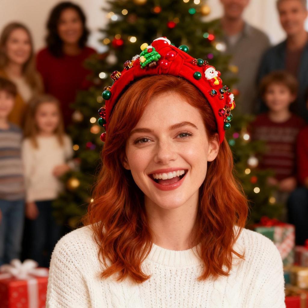 Elegant Christmas Headband Set with Christmas Tree and Pearl Imitation Retro Style Wide Knot Headband for Women