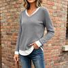 Women's V Neck Fake Two Piece Tops Long Sleeve  Ribbed Shirts Trendy Color Block Going Out Dressy Clothes