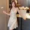 Women's summer print new sexy ice silk nightdress suspender skirt split fork pure desire pajamas with chest pads loungewear