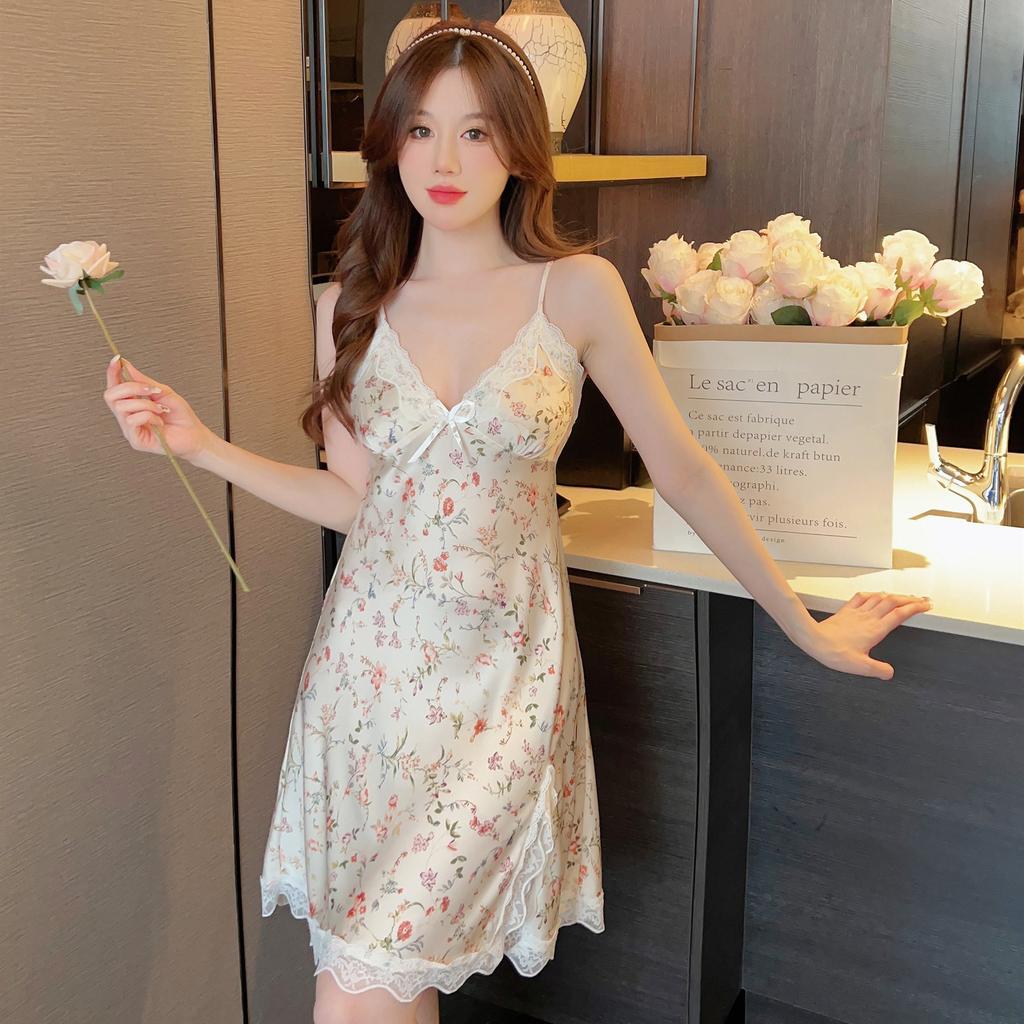 Women's summer print new sexy ice silk nightdress suspender skirt split fork pure desire pajamas with chest pads loungewear