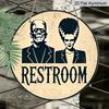 2D Flat, 1pc Frankenstein's Monster RESTROOM Metal Wall Sign - 7.87inch Round Bathroom Decor with Pre-Drilled Holes, Vintage Humorous Design for
