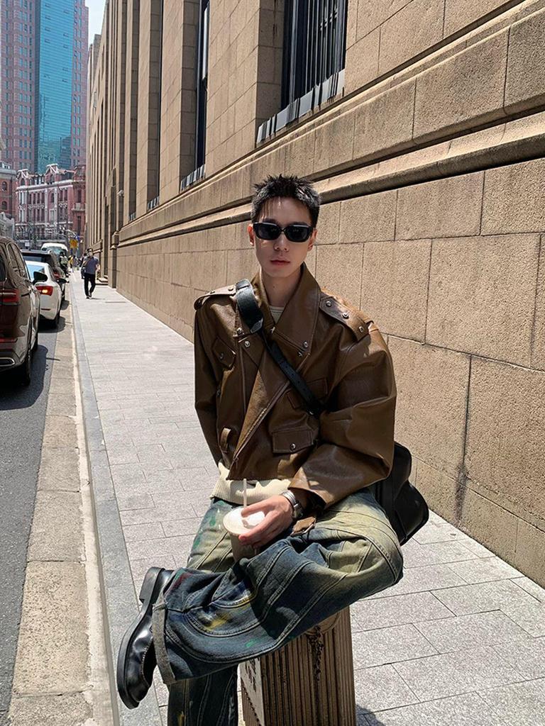 Maillard-Style Men's Rivet Motorcycle Leather Jacket - Trendy Autumn Short Coat