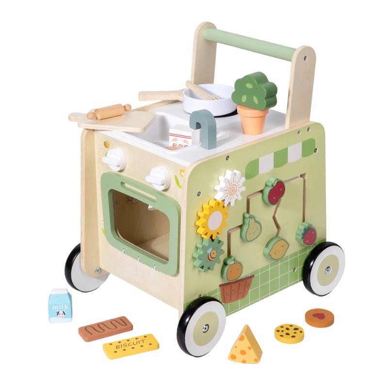 Wooden Baby Walker Stroller with Educational Learning Aid - Anti-Tip Push Car Toy for Toddlers