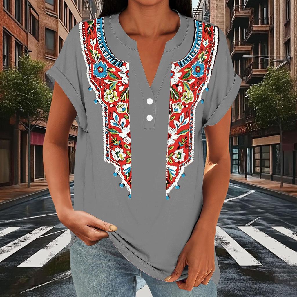 Damen Freizeit Locker Sitzend Kurzarm Knopf V-Ausschnitt Blumenmuster Bluse Top Leicht Atmungsaktiv Sommerhemd