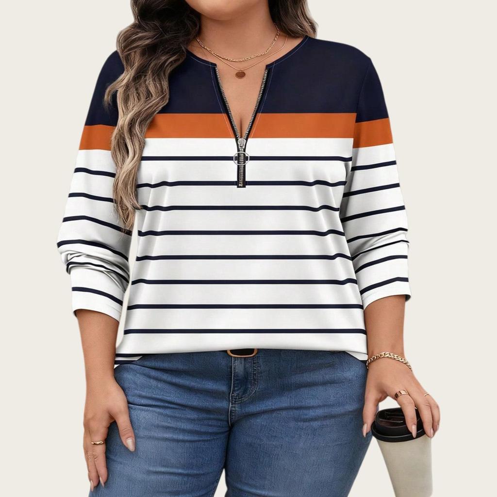 Plus Size Color Block Stripe Loose Casual Long Sleeve Top with Half-Zip Round Neck for Women.