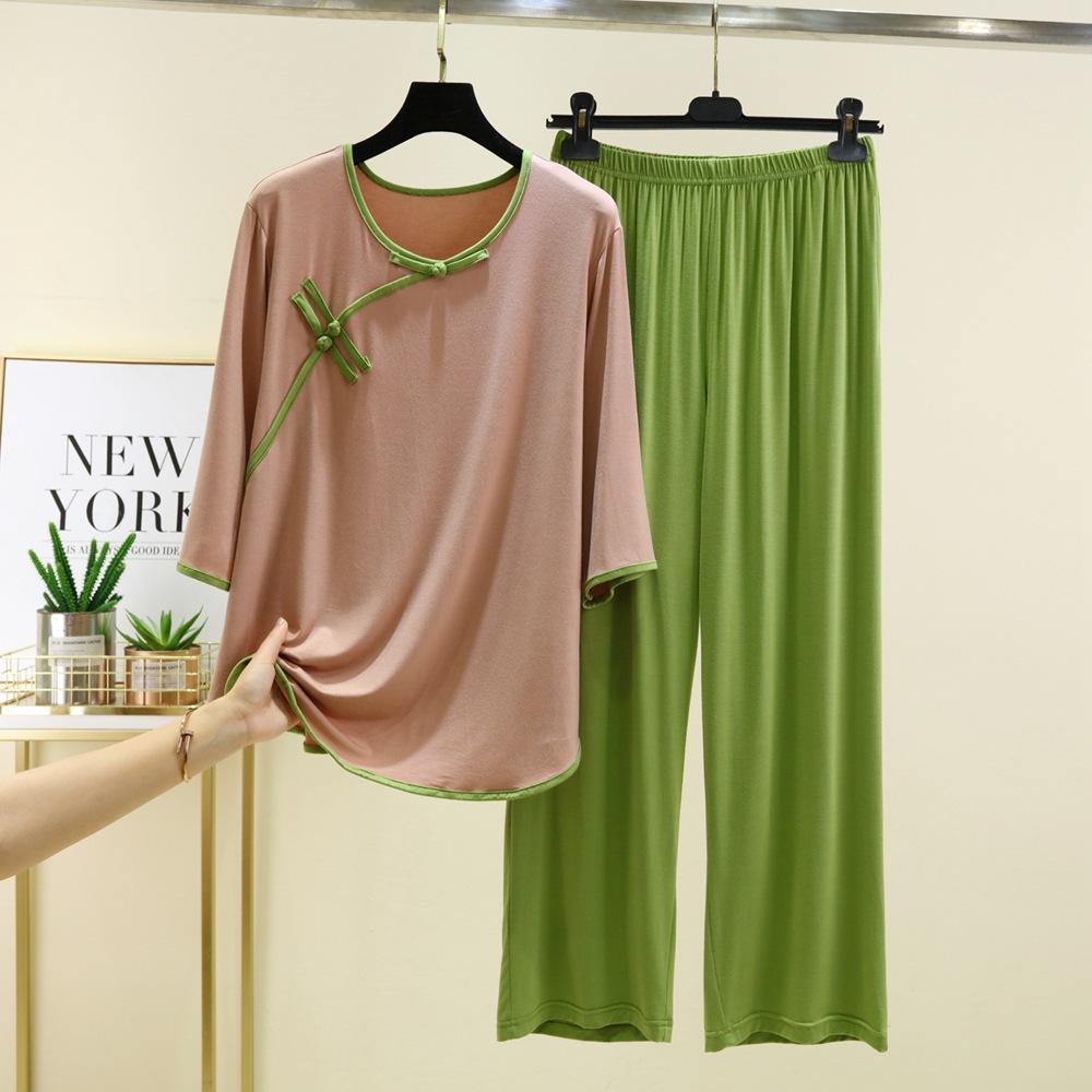 Pigiama con Fibbia Donna Primavera Estate Vestibilità Larga Taglie Forti Pantaloni Abbigliamento per la Casa Set Due Pezzi Capo Esterno