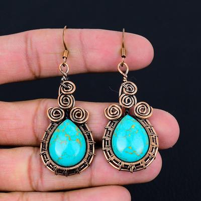 Copper Turquoise Gemstone Pure Copper Wire Wrap Handmade Amazing Jewelry Earrings