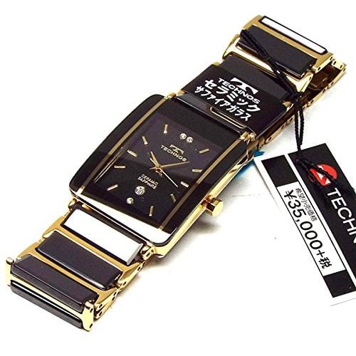 TECHNOS Men's Classic Ceramic Watch with Black Dial and Genuine Leather Bracelet (TSM903GB-SET)