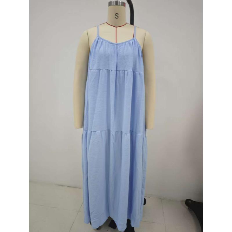 Women Summer Boho Spaghetti Strap Tiered Maxi Dress, Loose Flowy Pocket Solid Sundress, Lightweight Blend Fabric Casual Beach Resort Vacation Dress