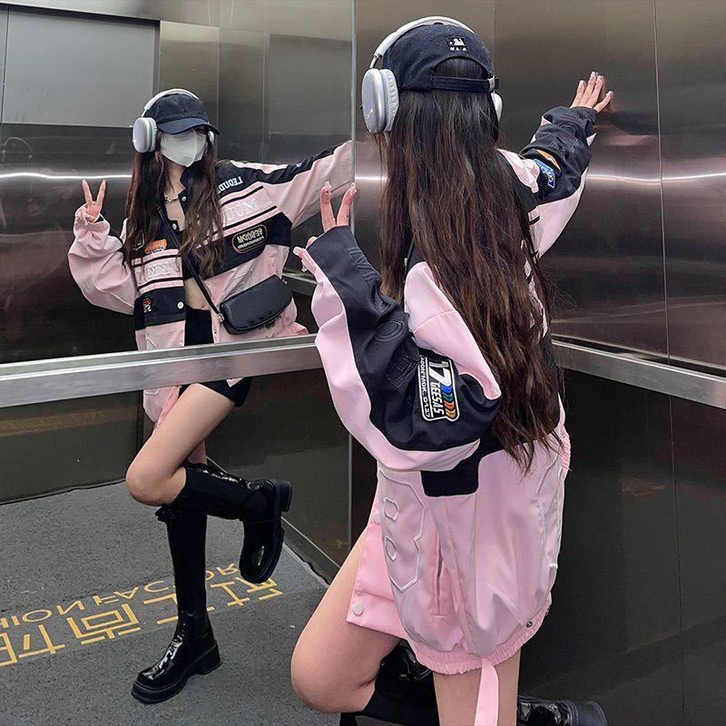 American Fashion Detachable Motorcycle Jacket Women's Clothing Retro Hip-hop Loose Couple Baseball Outfit Pink Casual Coat