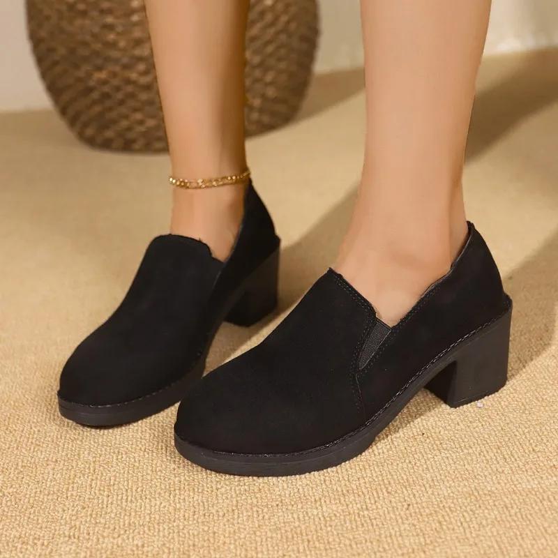 Zapatos de Mujer 2025 Otoño Nuevos Retro Tacón Cuadrado Negro Zapatos de Caña Baja para Mujer Casual Antideslizantes Zapatos de Salón Damas Zapatos De Mujer