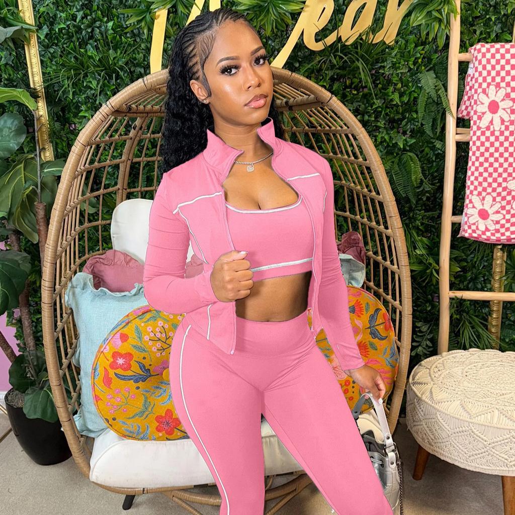 Women Color Block Sports Suit Casual Long Sleeve Zip Up Jacket And High Waist Leggings Workout Set