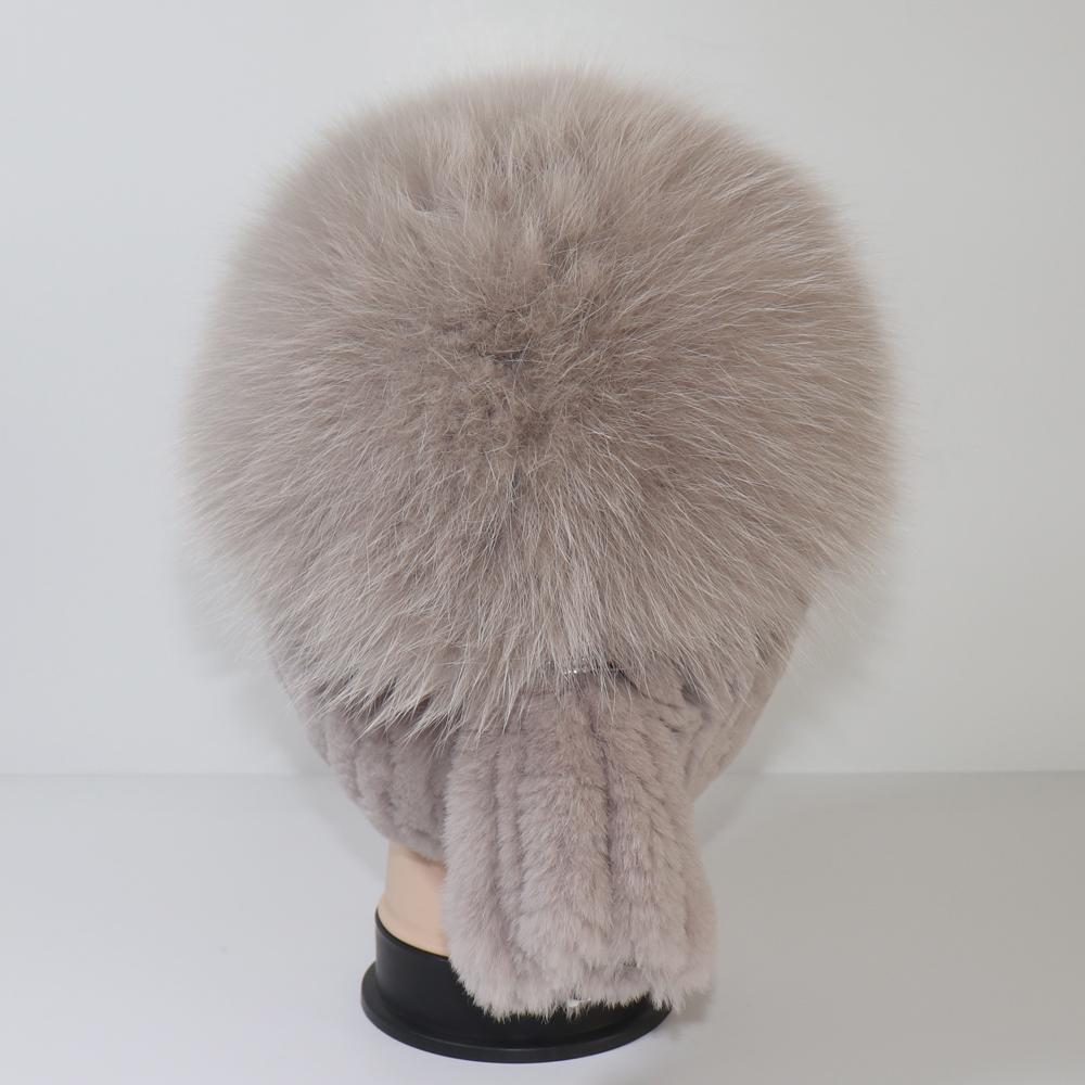Winter Knitted Real Fox Fur Hat With Tail Women Warm Soft Real Rex Rabbit Fur Hats Natural Luxury Quality Genuine Fur Caps