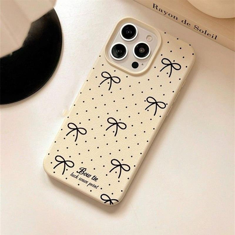 Sweet Bow for IPhone16promax for Apple 15 Leather Texture Large Hole Phone Case 14/13 Anti-fall 12
