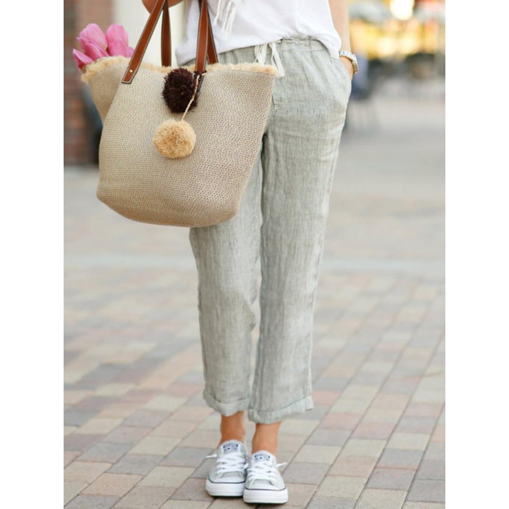Solid Color Loose Casual Drawstring Elastic Waist Cotton Linen Pants