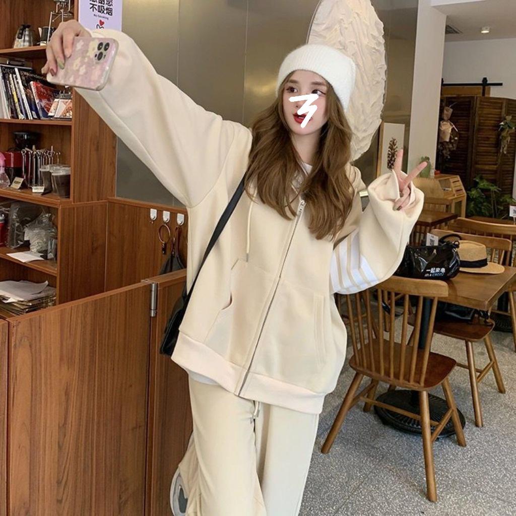 Women's Casual Korean Style Hoodie & Wide-Leg Pants Set - Slimming & Trendy for Autumn/Spring