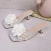 Fashion Flower Mesh Women High Heels Slippers Square Toe Heeled Shoes New Sandals Designer 2025 Summer Sexy Pumps Woman Dress Zapatillas