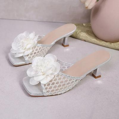 Fashion Flower Mesh Women High Heels Slippers Square Toe Heeled Shoes New Sandals Designer 2025 Summer Sexy Pumps Woman Dress Zapatillas