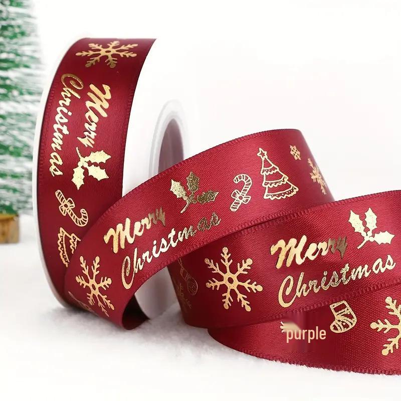 

Рождественская лента: Цветной глянцевый сатин с горячим тиснением - 2,5 см для подарочной упаковки и украшения вечеринок