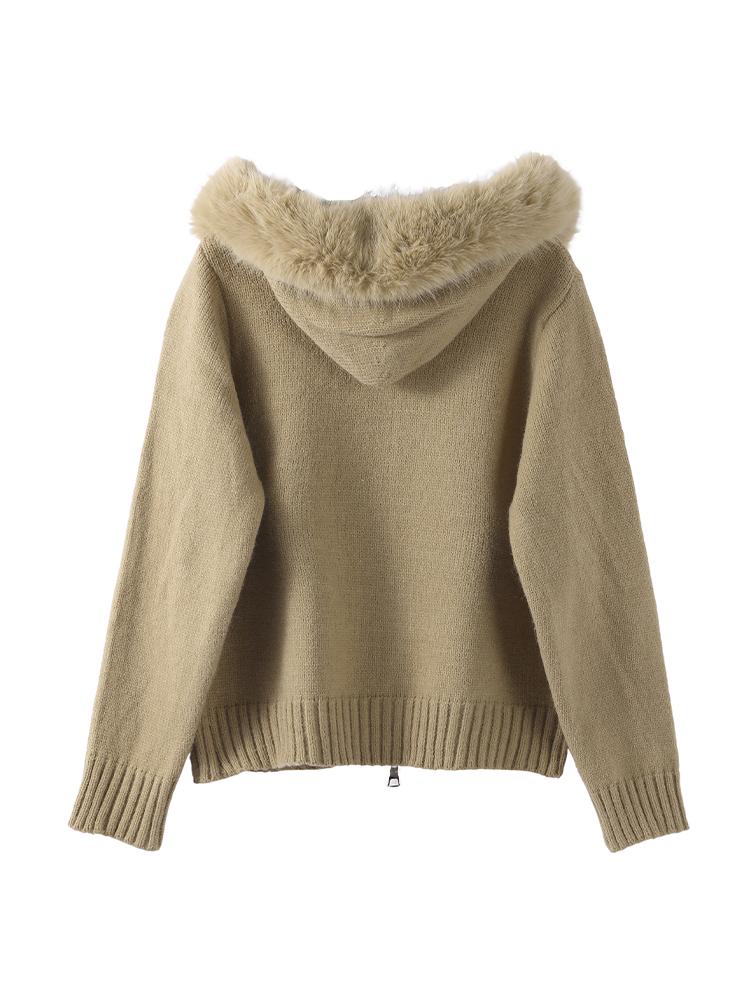 Women's Hooded Zipper Khaki Sweater Cardigan Fur Hat White Knitted Cardigan Furry Hat Knitted Jacket Women's Warm Black Sweater Lining Autumn Winter