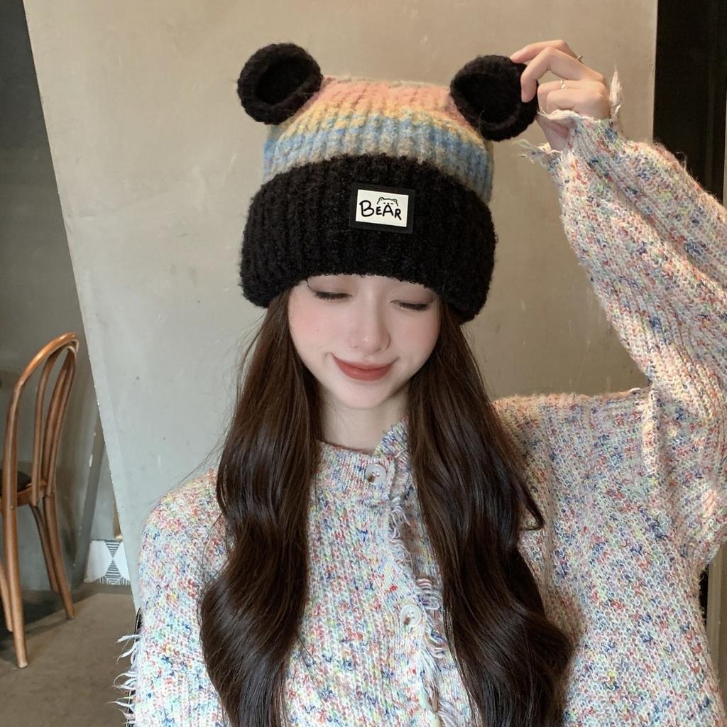 New cute bear knitted hat for women's autumn and winter thickened warm and cold-proof fashionable ear protection small plush hat