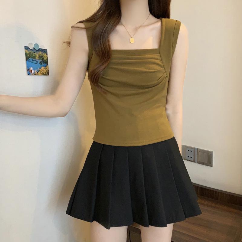 Modal Spicy Girl Square Neck Ruched Tank Top - Women's Slimming Summer Vest