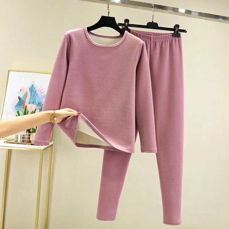 Women's Autumn and Winter Thick Woolen Thermal Underwear Set with Solid Color Base Top and Pants Two-piece Set
