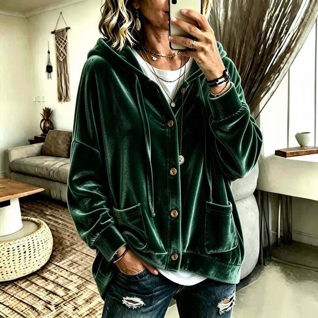 Women Solid Color Button Hooded Velvet Long Sleeve Casual Cardigan Coat