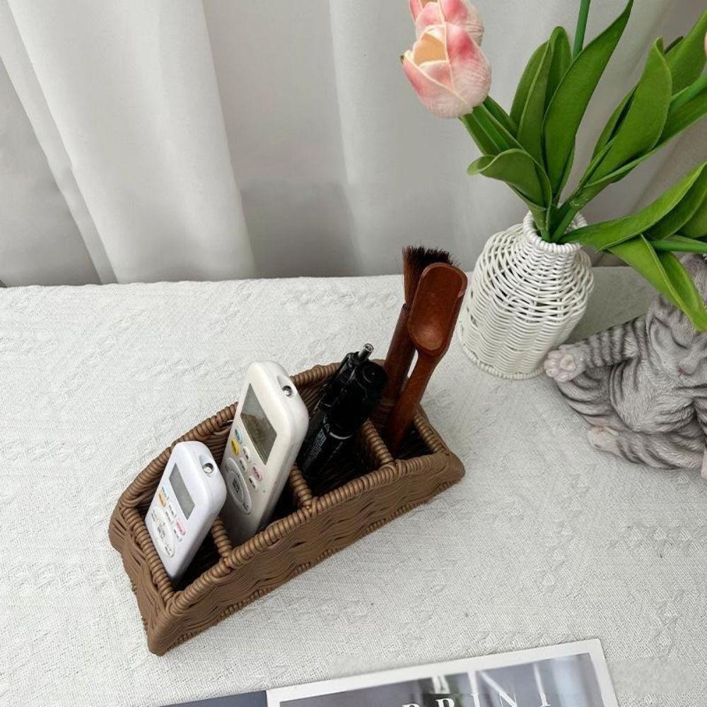 Imitation Rattan Remote Control Storage Box Handwoven Vintage Style Remote Control Holder 4 Grids Desktop Storage Box Bathroom