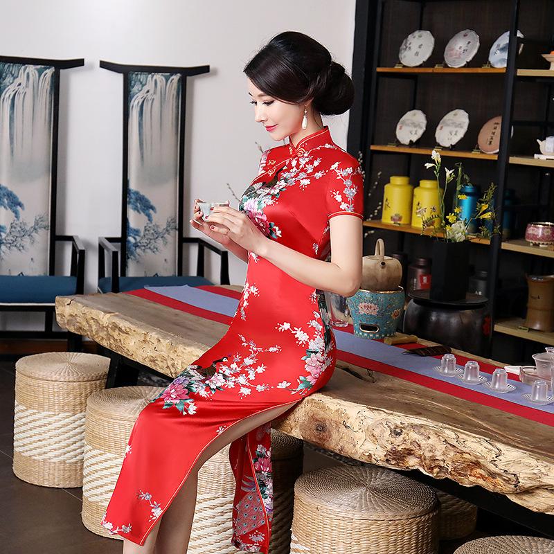 Damenkleid Seidensatin Schlankmachend Bedruckt Kurzarm Lang Cheongsam Kleid
