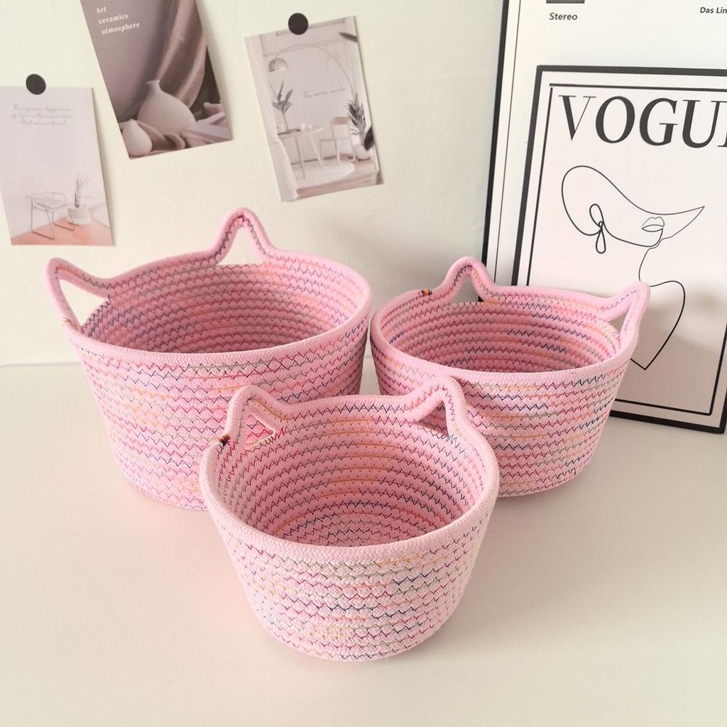 Cat Ears Desktop Storage Basket Handwoven Cartoon Storage Basket Living Room Key Cotton Rope Storage Basket Storage Basket