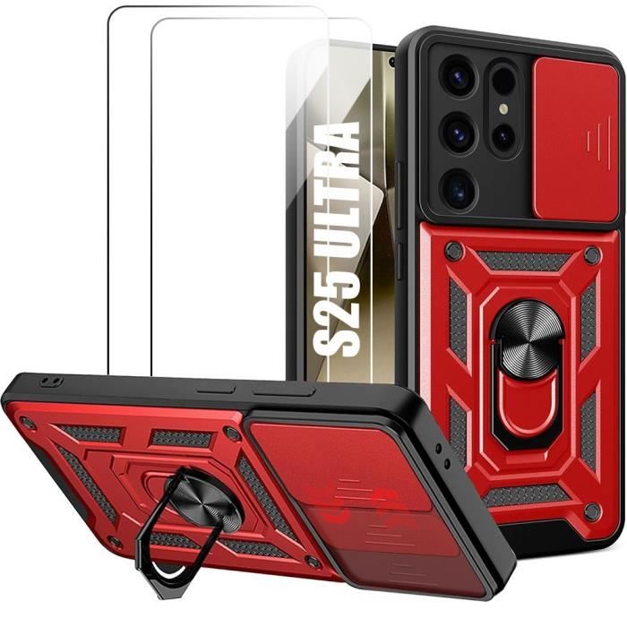 Coque + 2 Verres Trempés pour Samsung Galaxy S25 Ultra - Rigide Antichoc avec Anneau Support et Protection Objectif - Rouge