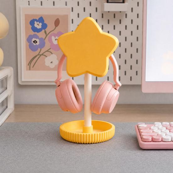 Cute Star Headphone Stand with Storage Tray, 3D Printed PLA Headset Hanger & Desk Organizer, Macaron Color Gaming Office Decor, Multi-Functional