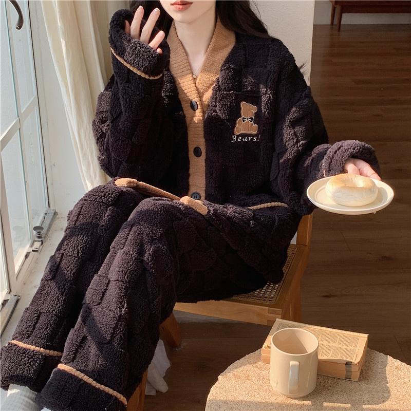 Winter Women Warm Fashion Pajama Sets Sweet   Elegant French Style Girlish Leisure Thicken Flannel Comfort Pajamas