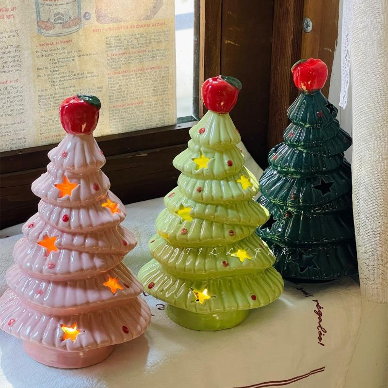Ceramic Christmas Tree Apple Ambient Night Light - Decorative Tabletop Accent for Bedroom Home Decor Ideal for Christmas