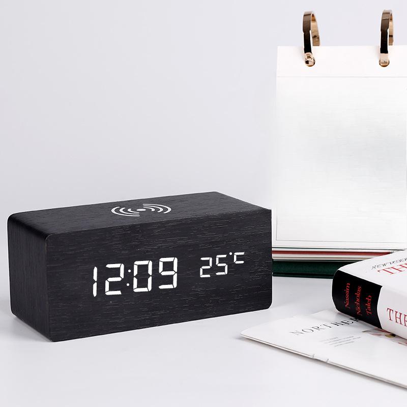 Smart Wireless Charging Alarm Clock Wooden Clock Electronic Digital Clock Thermometer Wooden Clock Mobile Phone Wireless Fast Charging