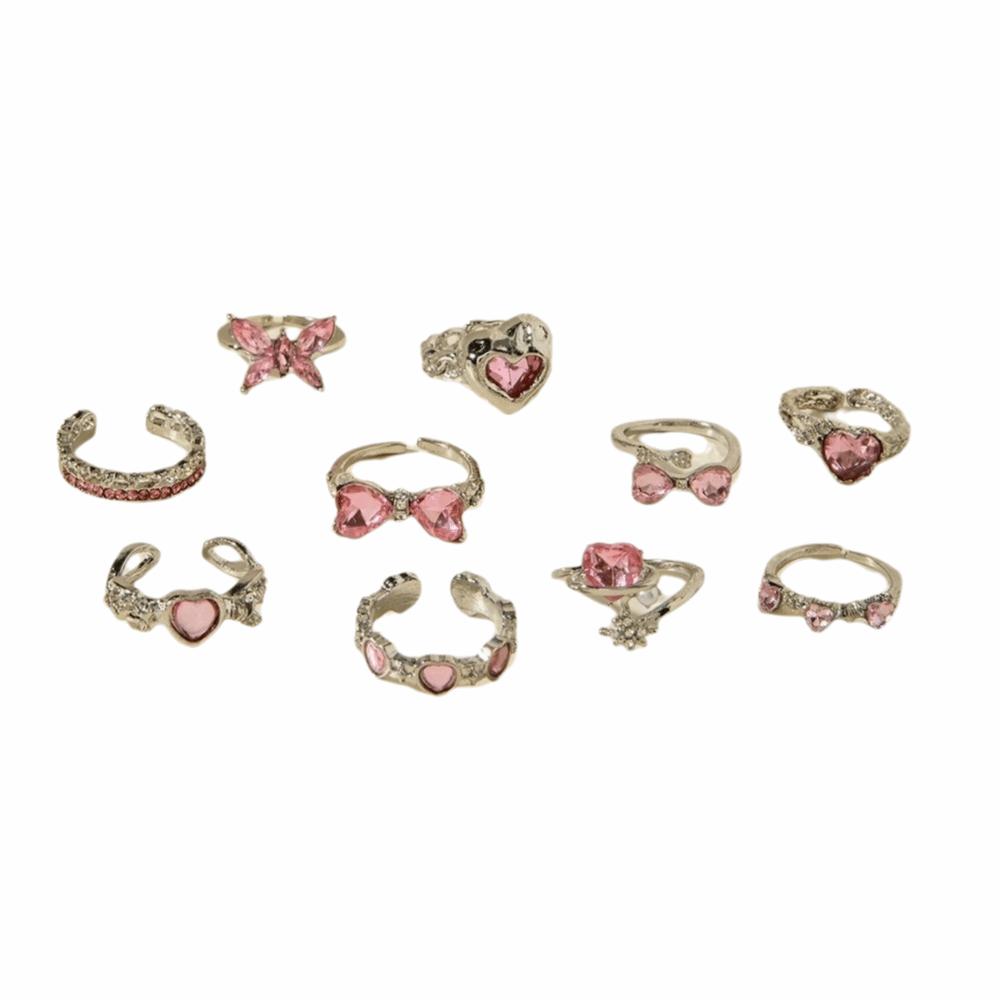 10Pcs/Set Bow Design Heart Butterfly Rings Gold Silver Color Mix Style Rings Korean Style