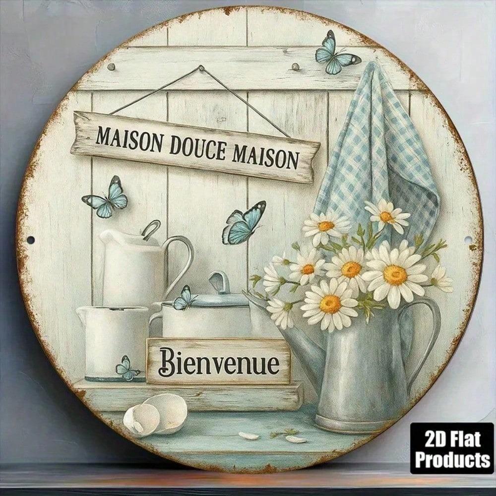 Vintage French Aluminum Welcome Home Round Sign 8x8 Inch Indoor Outdoor Decor