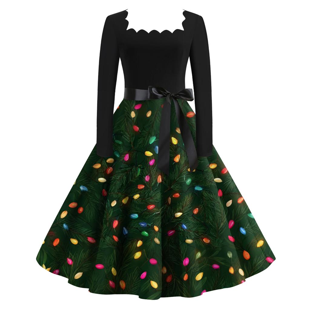 Women's Fashion Retro Long-sleeved Square Collar Christmas Printed Evening Dress