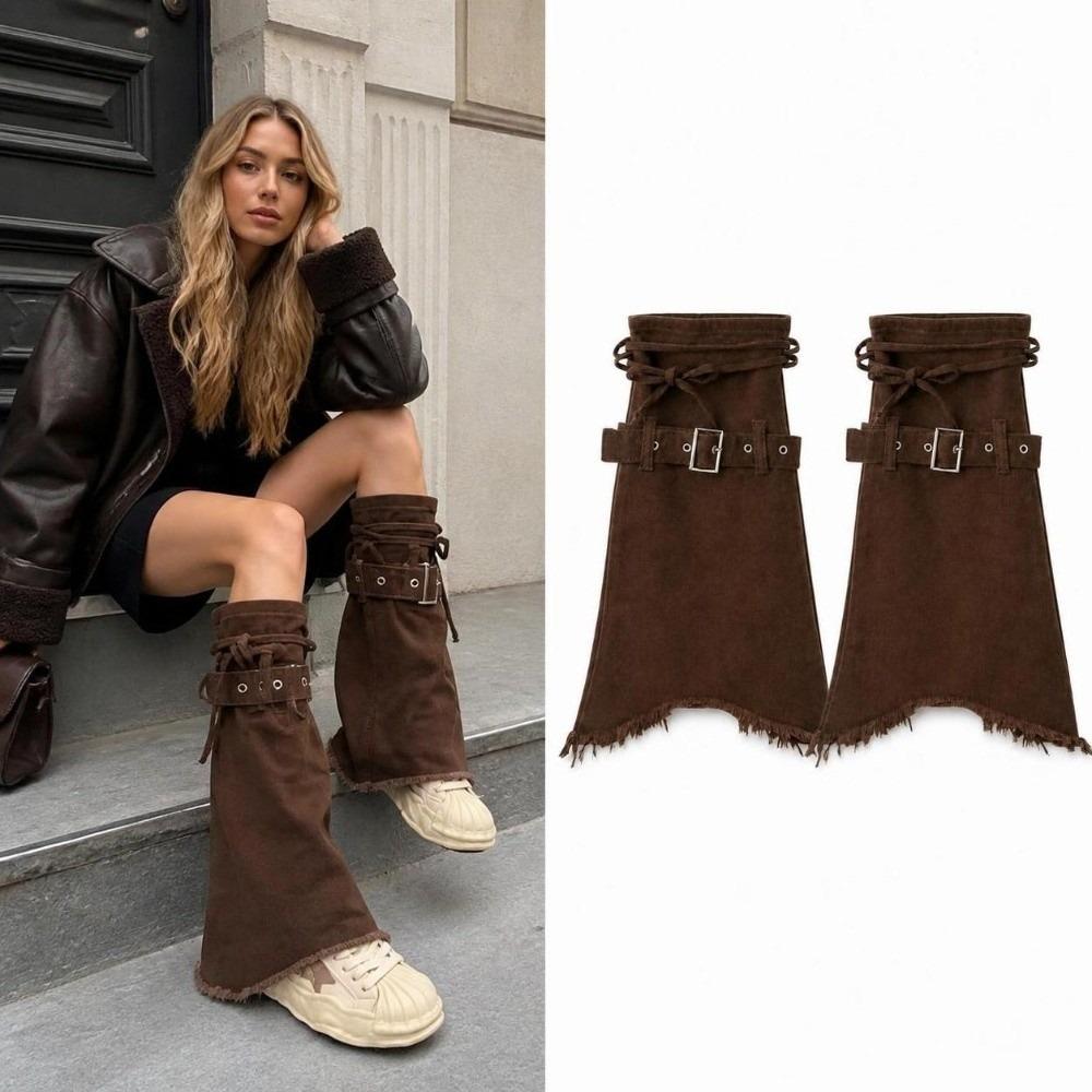 Frayed Flared Leg Warmers Adjustable Buckle Boot Cuffs Punk Denim Leg Warmers Boots Accessories