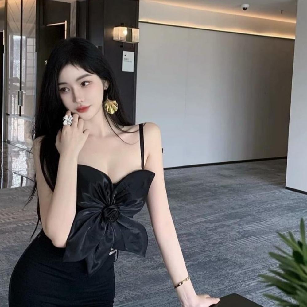 Slim Fit Rose Flower Camisole 3D Rose Flower Decoration Crop Tops Socialite Style Corset  Travel