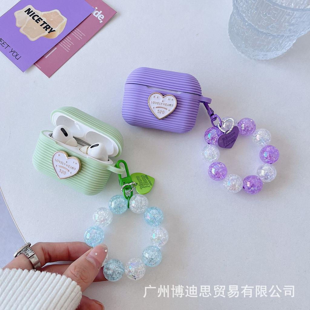 New Apple Silicone Horizontal Stripe Earphone Case Small Fresh Hand Beads + Silicone AirPods Pro1 Love + Hand Beads