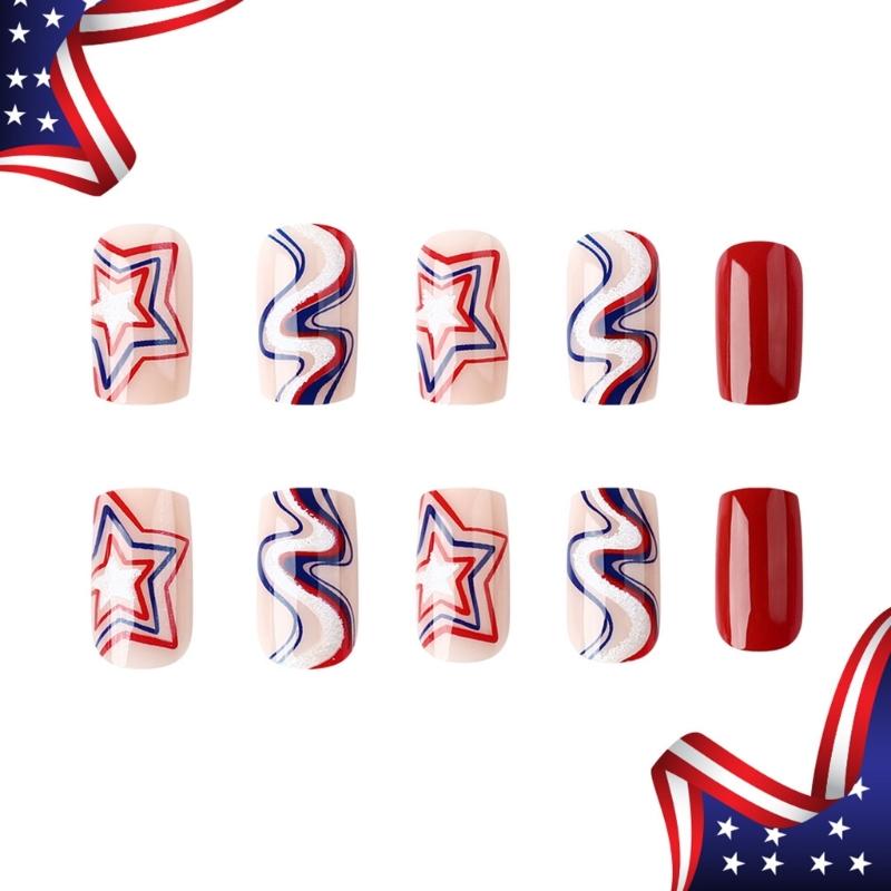 24 Pcs 4th of July False Nail Independence Day Artificial Nail Flag Day Full Cover Stick on Nail Square Press On Nail