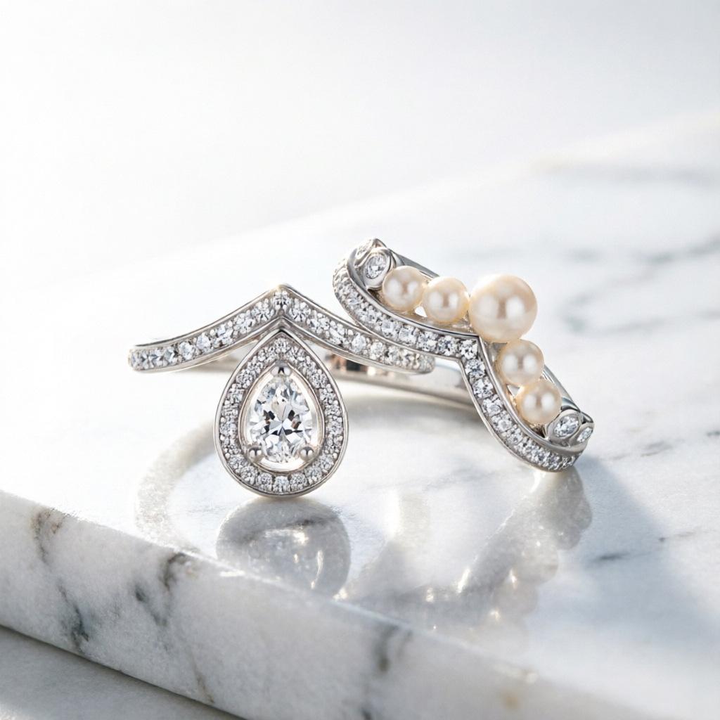S925 Silver Ring Women's Pearl Fashion Elegant Set Ring Water Drop Shape Multi-Wear Diamond Ring