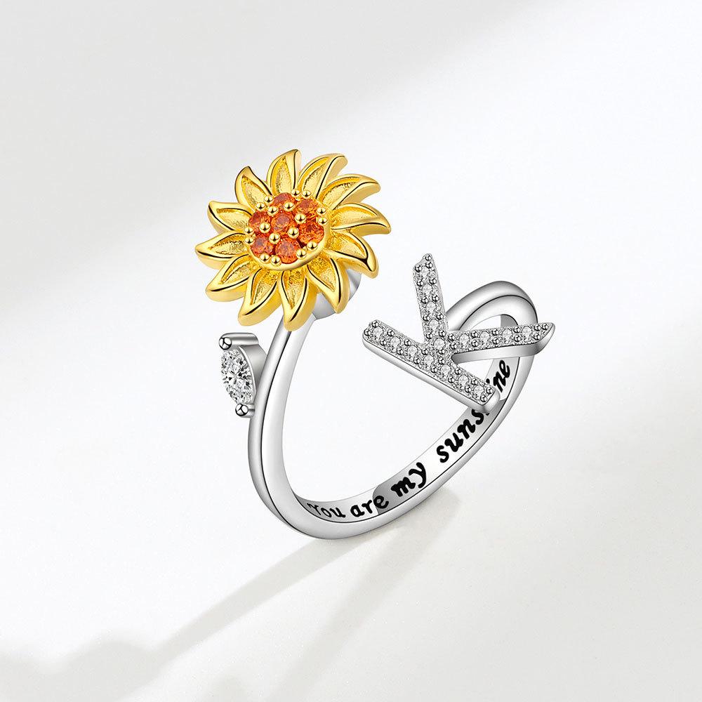 Creative Sunflower Rotating Ring 26 Letters Adjustable Open Design Women's Fashion Finger Jewelry Daily Wear & Gift Accessories