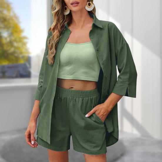 

2 шт./компл., женская рубашка, комплект с шортами, однотонный комплект с рукавами три четверти, блузка с отложным воротником, высокая талия, свободные брюки до колена, повседневный комплект для поездок на работу S армия зеленый