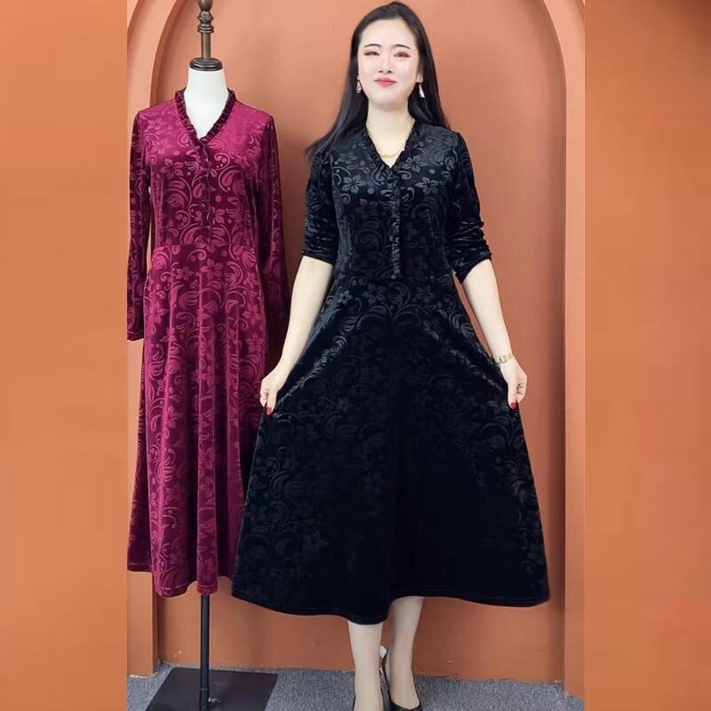 Women's Plus Size Printed Velvet Dress Autumn Loose V-neck A-line Long Casual Dress