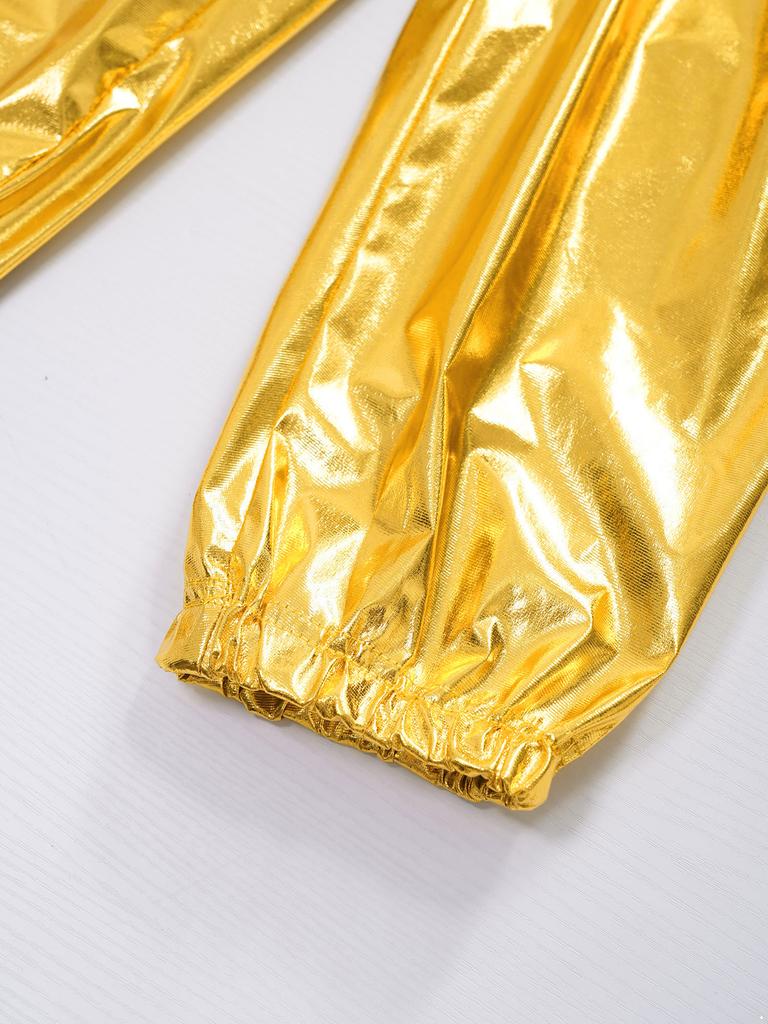 Kids Girls Dance Performance Outfit 2-Piece Set: Metallic Shiny Long Sleeve T-shirt & Matching Shiny Pants for Stage & Party