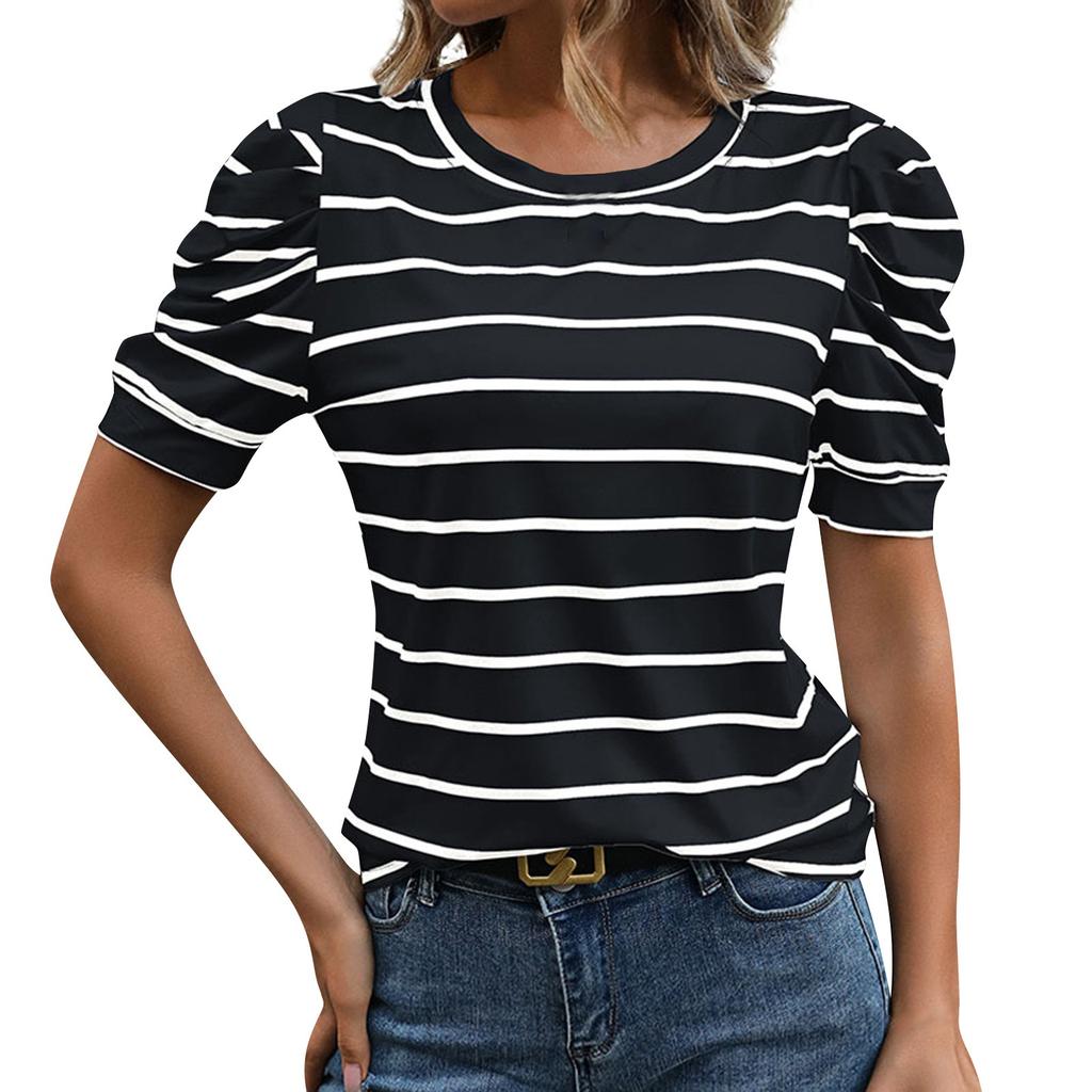 Women's Fashion Striped Leg Of Mutton Short Sleeve Casual T-Shirt